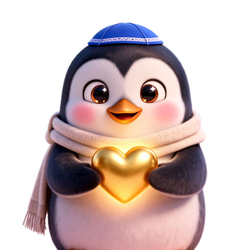Cute Jewish penguin mascot with a kippah and scarf holding a heart โ symbolizing love and care for children