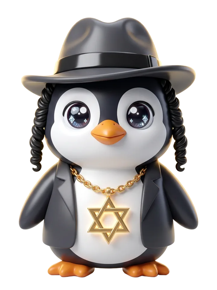 PENJEW the penguin mascot wearing a fedora and a glowing Star of David necklace